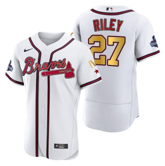 Men's Atlanta Braves #27 Austin Riley White Gold World Series Champions Flex Base Stitched Jersey
